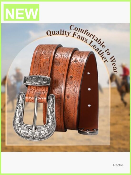 Vintage Floral Carved Western Belt - Faux Leather Adjustable Buckle